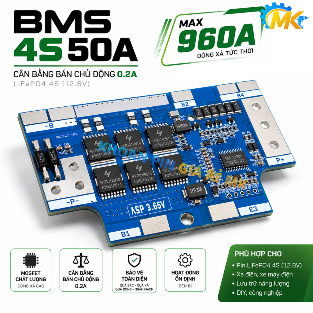 Mạch BMS 4S 50A (960A) 12.8V bảo vệ pin sắt LiFePO4 3.2V cân bằng bán chủ động 0.2A đề xe máy (BMS-D