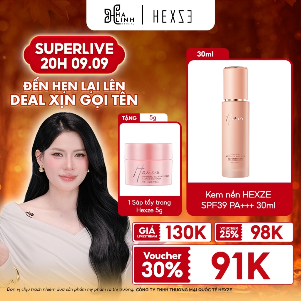 [Võ HÀ LINH X HEXZE] Kem nền lâu trôi HEXZE SPF39 PA+++ 30ml, độ che khuyết điểm cao TẶNG KÈM SÁP TẨ