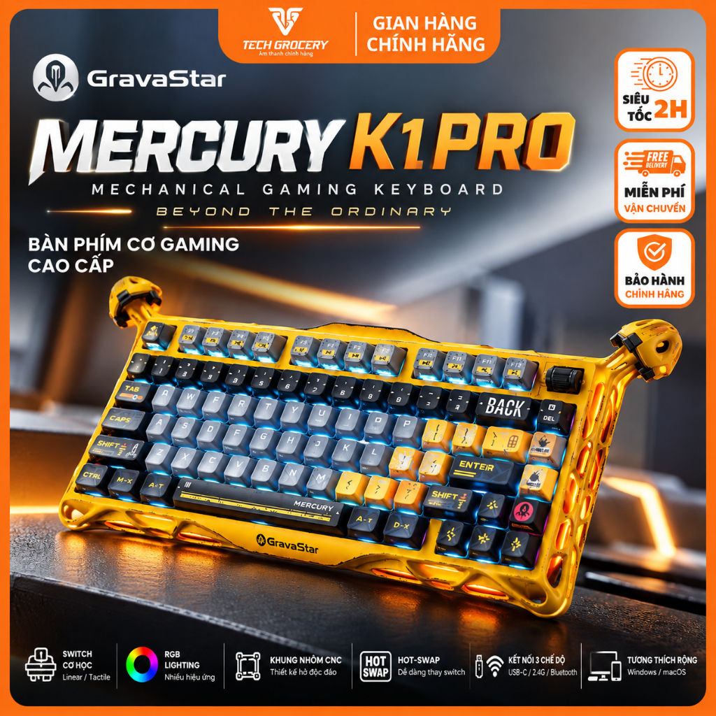 Bàn Phím Cơ Gravastar Mercury 75% K1 Lite, K1 ,K1 Pro,Kết Nối Không Dây, LED RGB siêu đẹp - Bảo Hành