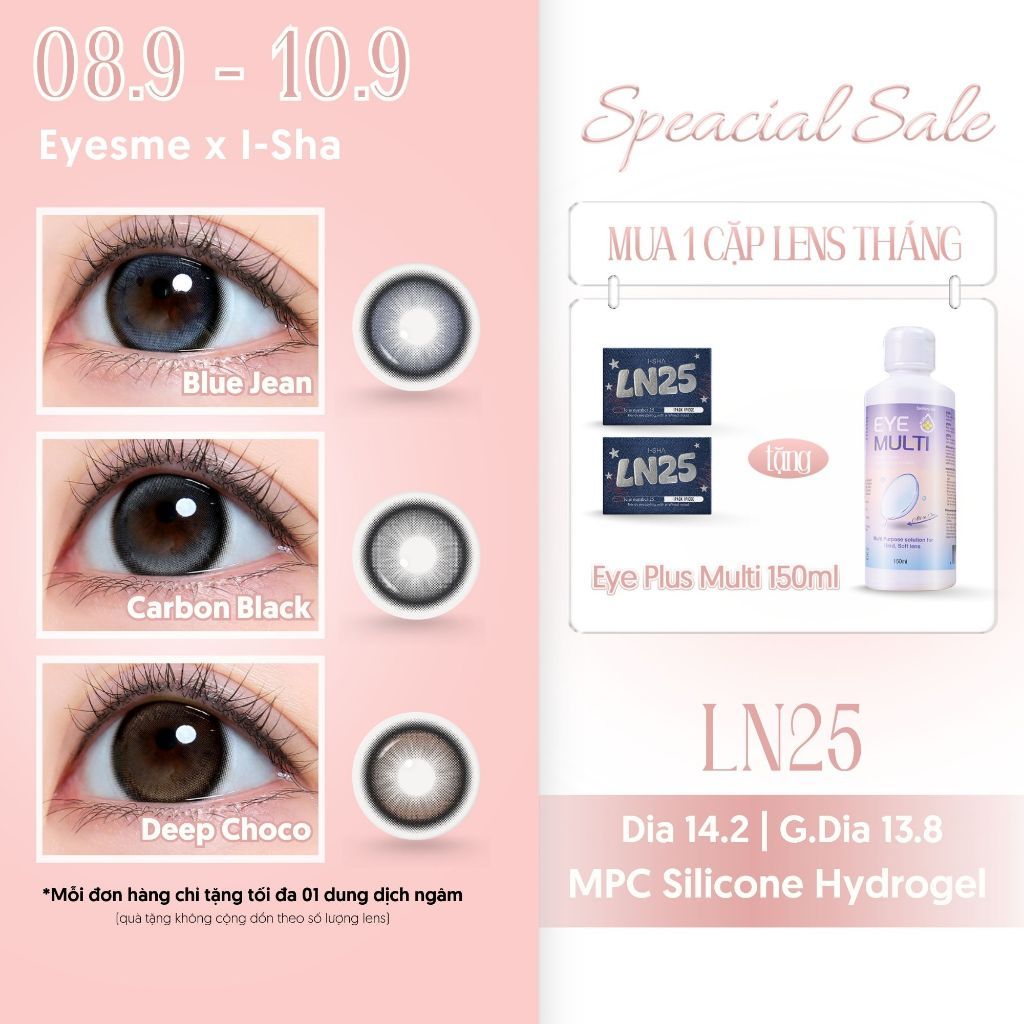 [Eyesme x I-Sha] Kính áp tròng I-Sha LN25 Carborn Black / Blue Jean / Deep Choco lens highlight tạo 