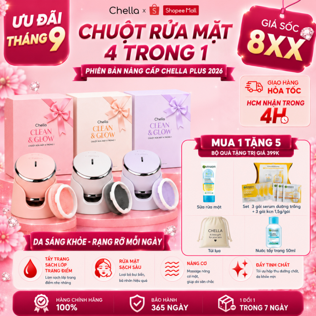 Chuột Rửa Mặt Chella 4in1 - Máy Rửa Mặt - Tẩy Trang - Massage Nâng Cơ - Đẩy Tinh Chất - Bảo Hành 12T