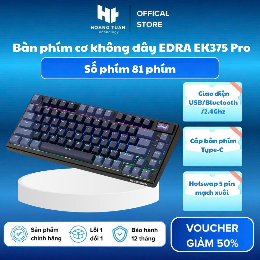 Bàn phím cơ không dây có màn hình EDRA EK375 Pro chính hãng giao diện USB/Bluetooth/2.4Ghz - số lượn