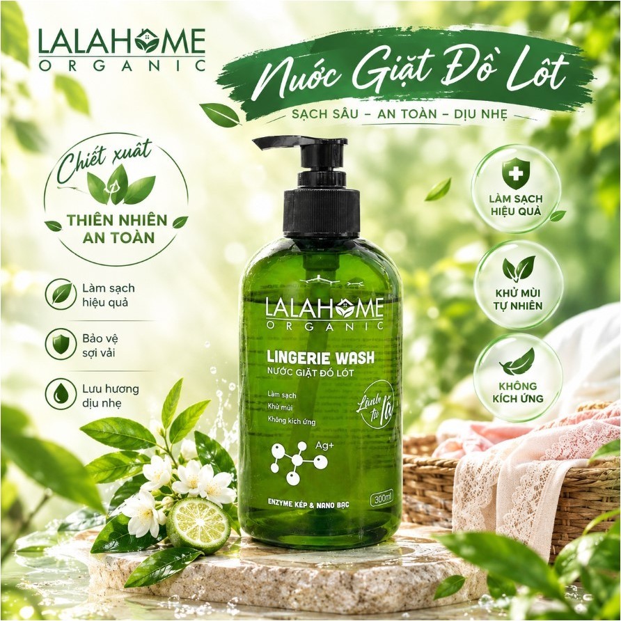 Nước giặt đồ lót LALAHOME ORGANIC - Kháng khuẩn an toàn cho da - Chai 300ml