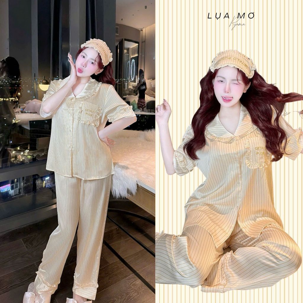 Pijama Tiểu Thư Tay Ngắn Quần Dài Họa Tiết Kẻ Sọc Hồng Kèm Bịt Mắt Vải Lụa Latin Cao Cấp - Đồ Bộ Lụa