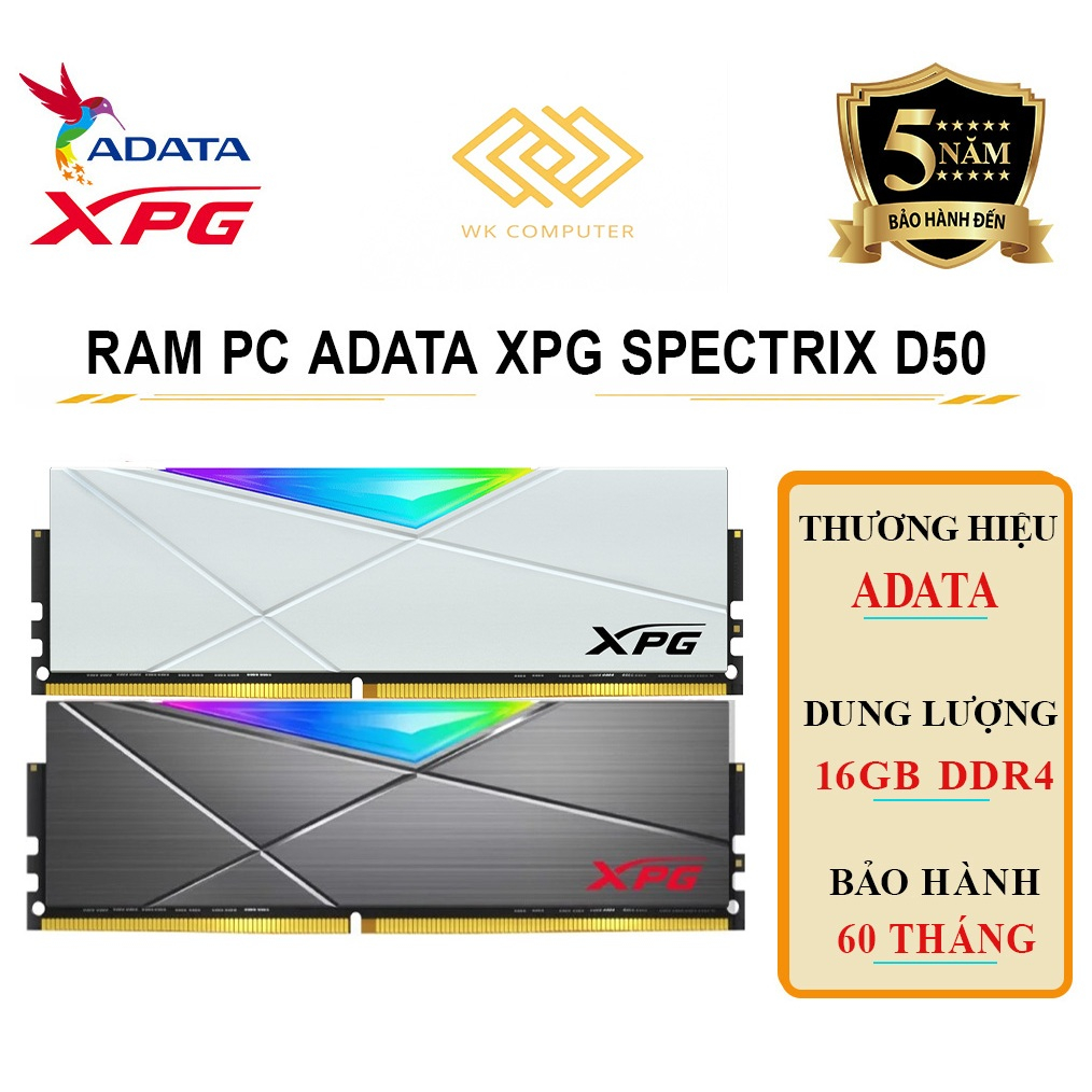 (Full Vat) Ram PC Adata XPG SPECTRIX D50 RGB 16GB DDR4 Bus 3200MHz | Grey/White | Mới, Bảo Hành 60 T