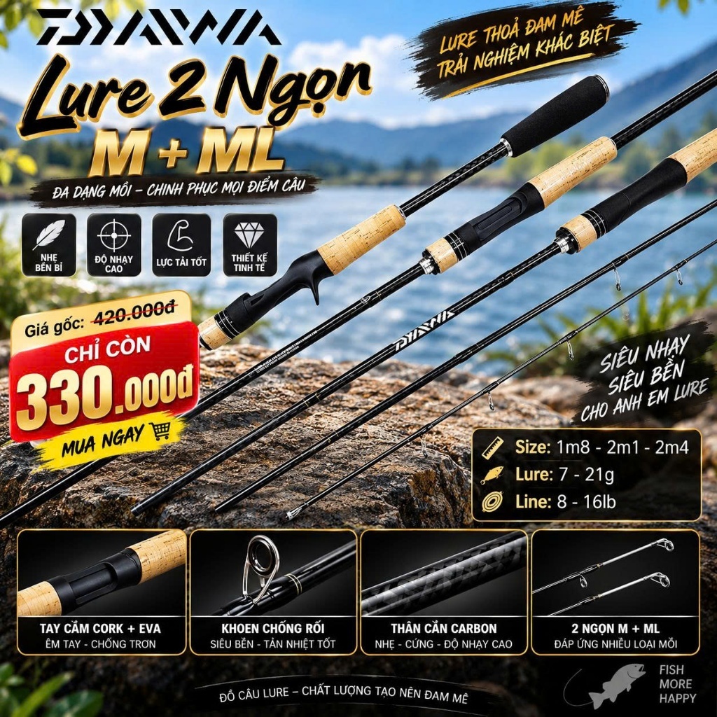 Cần Câu Lure Dyawa 2 Ngọn M + ML – Carbon Xoắn, Đầu PU Chống Xoắn