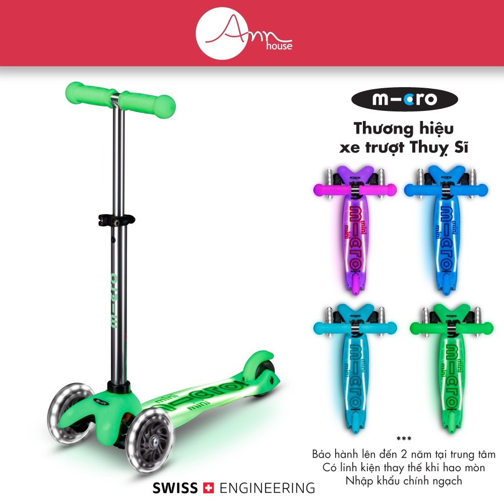 Xe scooter Micro Mini Deluxe LED Glow Plus cho bé 2-5 tuổi, hiệu ứng dạ quang - Thương hiệu Thụy Sĩ