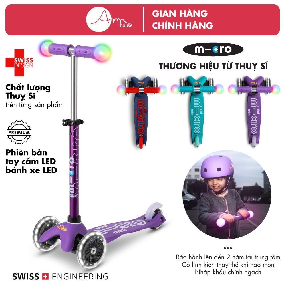 Xe scooter Micro Mini Deluxe Magic Aqua - Phiên bản tay lái + bánh xe đèn LED - Thương hiệu Thụy Sĩ