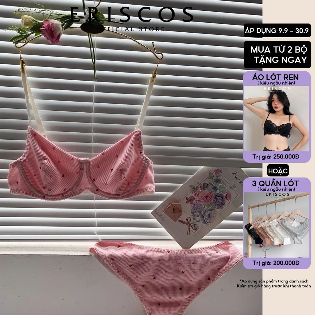 Bộ quần áo lót cotton tổ ong thoáng mát trẻ trung dễ thương mùa hè có gọng không mút đệm eriscos
