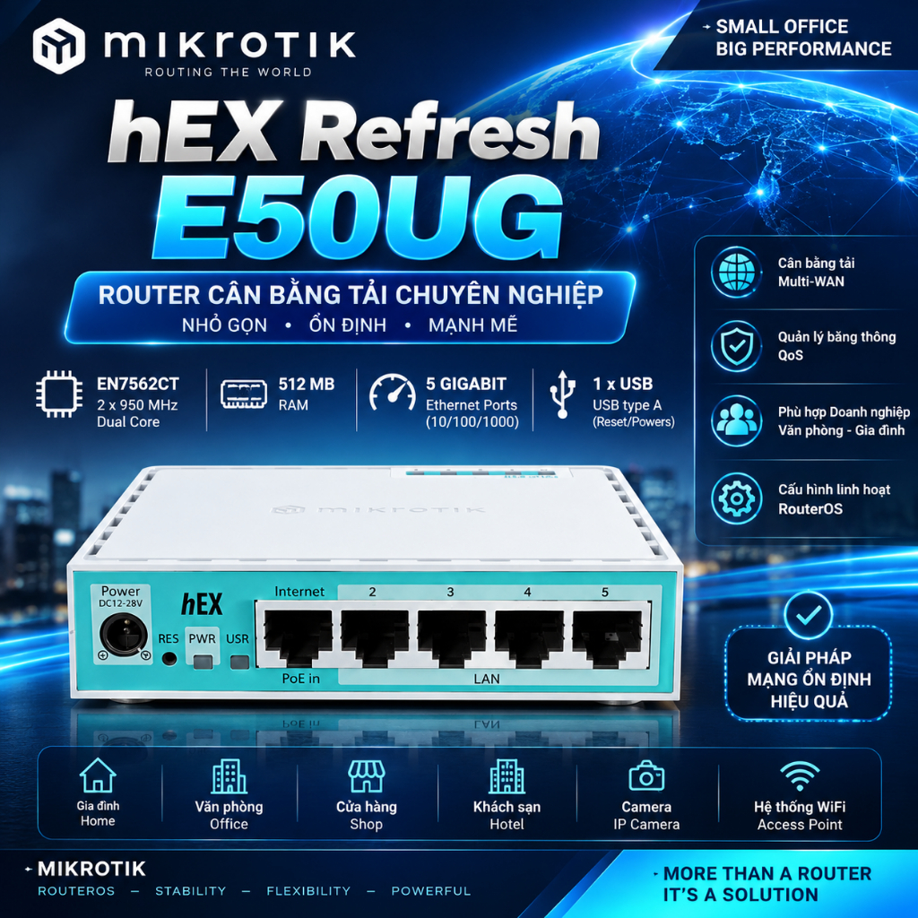 ✅ Router MikroTik E50UG  - RB750Gr3 cân bằng tải đường truyền mạng , Hàng NEW