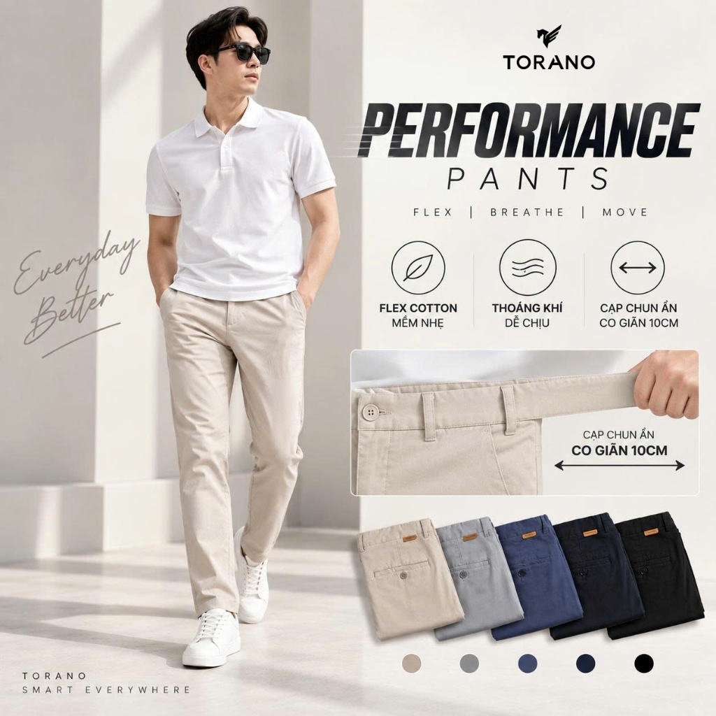 Quần kaki nam PERFORMANCE PANTS TORANO dài basic cạp tender túi lé , form chuẩn FABK001