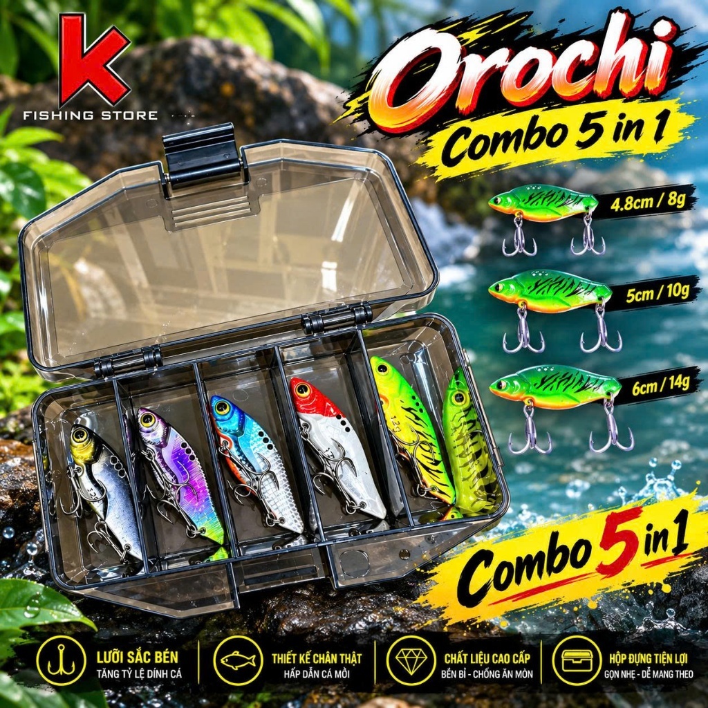 Combo 5 Mồi Lure Cá Sắt OROCHI 8g 10g 12g 14g – Mồi Kim Loại Mắt 3D, Lưỡi Ba Tiêu, Sơn Vảy Cá – Câu 