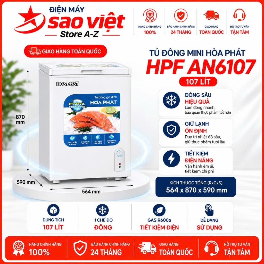 Tủ Đông Mini Hòa Phát 107 lít HPF AN6107 Đông Nhanh Bảo Hành Chính Hãng 24 Tháng Toàn Quốc