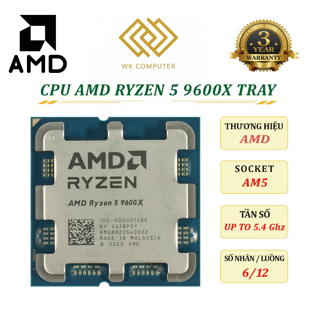 (Full Vat) Bộ Vi xử lý CPU AMD Ryzen 5 9600X TRAY | SK AM5, Turbo 5.4Ghz, 6/12 || Mới - Bảo hành 36 