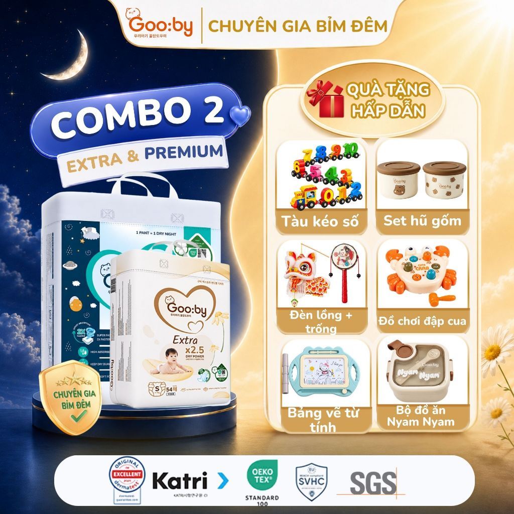 [Kèm quà] Combo 2 bịch bỉm quần (ngày và đêm) Gooby siêu mỏng, đủ size M,L,XL,XXL,XXXL