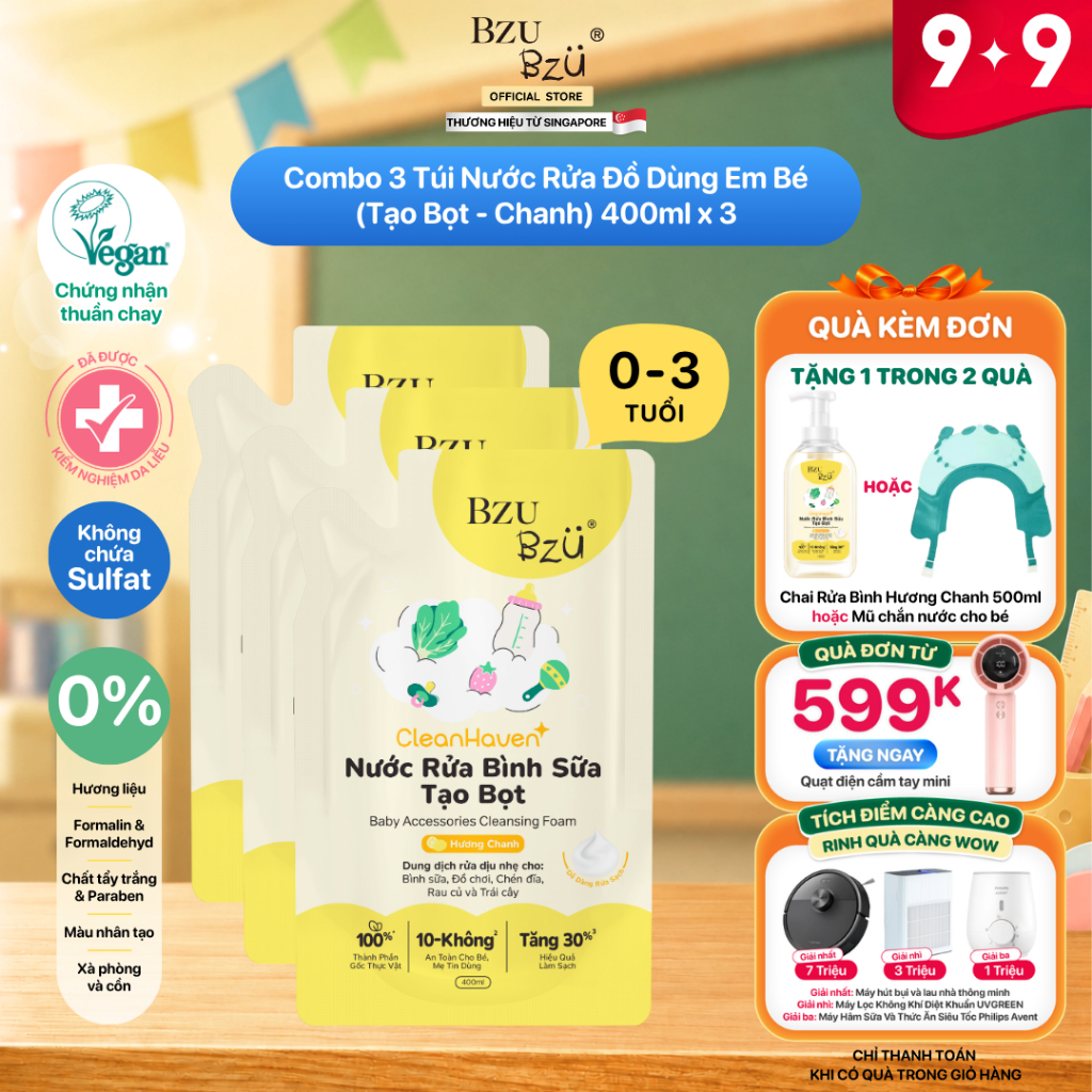 [Phiên bản mới] Combo 3 Túi Nước Rửa Bình Sữa Và Đồ Dùng Em Bé Thuần Chay BZU BZU CleanHaven Tạo Bọt