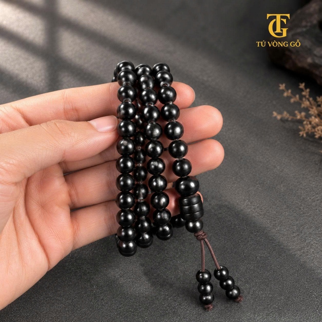 Tràng Hạt Gỗ Mun Sừng Khánh Hòa 108 Hạt Đen Tuyền Tự Nhiên – Chuỗi Vòng Tay Phong Thủy Nam Nữ | Tú Vòng Gỗ