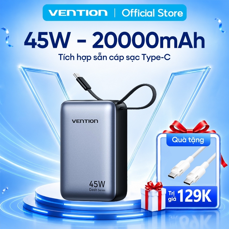 Sạc Dự Phòng 20000mAh 45W Vention PD3.0 Tốc Độ Cao,Thiết Kế Nhỏ Gọn, Tích Hợp Dây Type-C, Cho Điện Thoại,Tai Nghe,Tablet