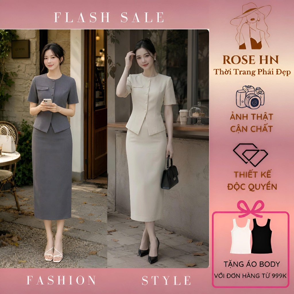 Sét Đồ Công Sở Nữ Cao Cấp - Áo Vest Tay Ngắn + Chân Váy Dài Xẻ Tà Sang Trọng [VT24246]