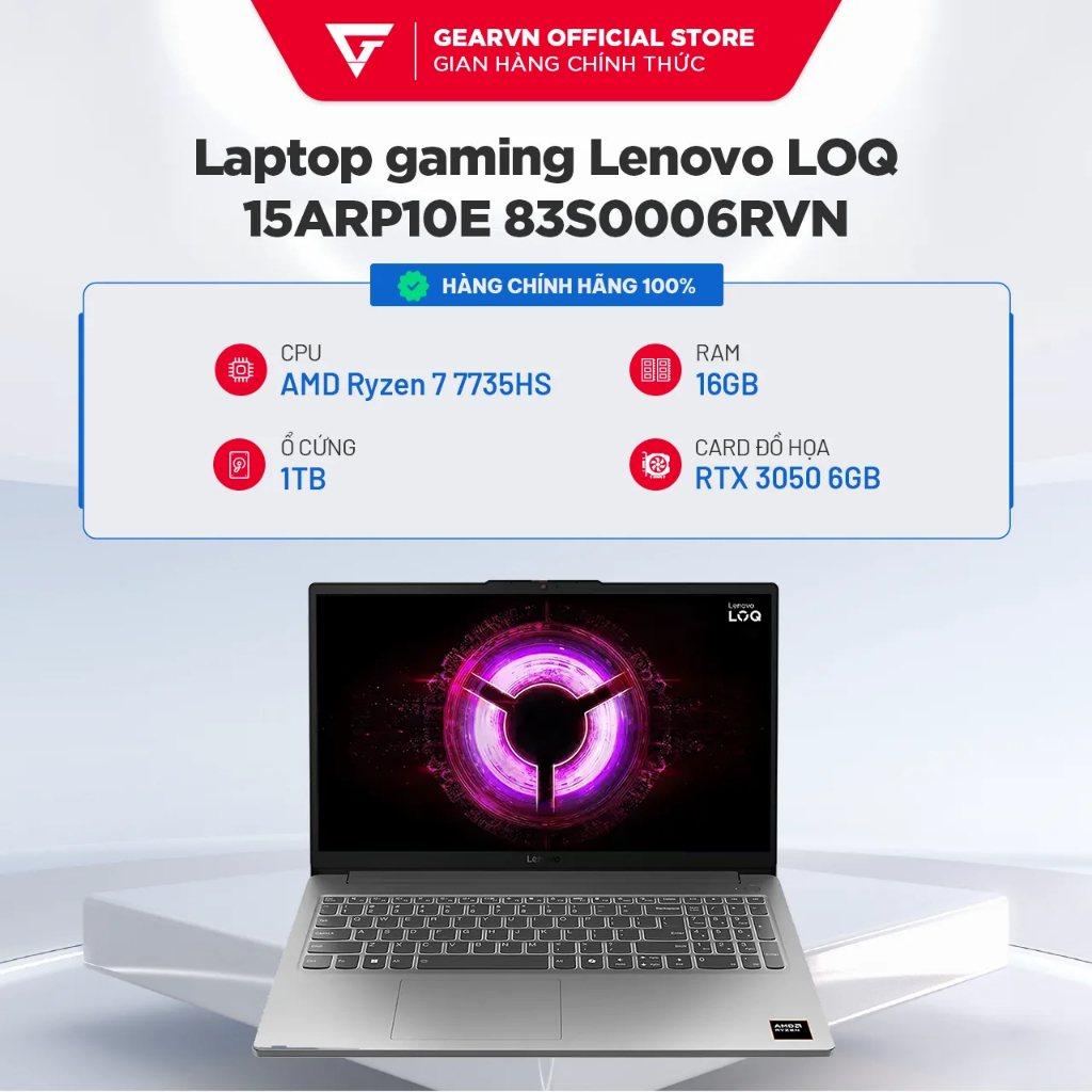 Laptop gaming Lenovo LOQ 15ARP10E 83S0006RVN | Ryzen 7-7735HS | RTX 3050 6GB | 16GB | 1TB | BH 24 Th
