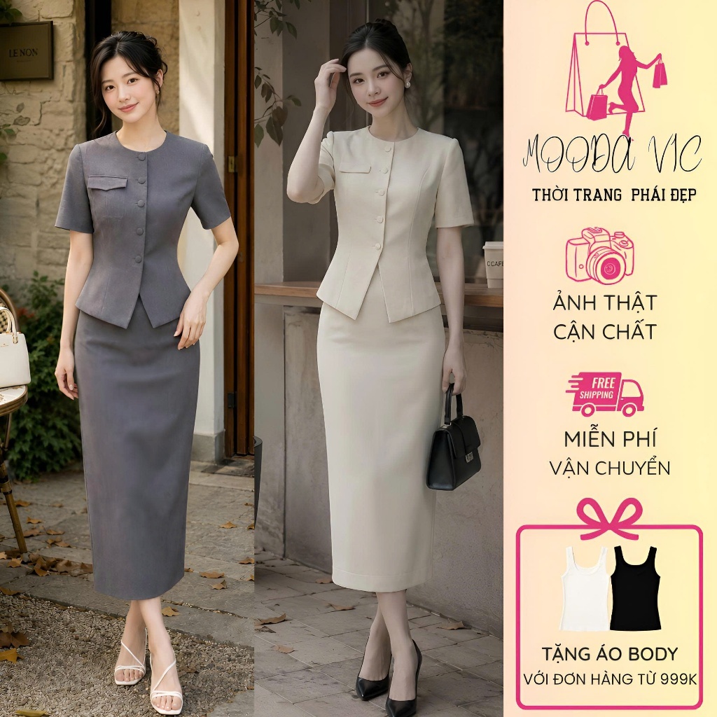 [MD24246] - Sét Bộ Công Sở Nữ Cao Cấp - Áo Vest Tay Ngắn + Chân Váy Dài Xẻ Tà Sang Trọng