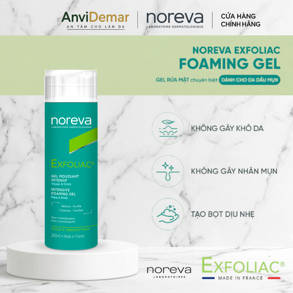NOREVA EXFOLIAC INTENSIVE FOAMING GEL 200ML – Sữa Rửa Mặt Cho Da Dầu Mụn