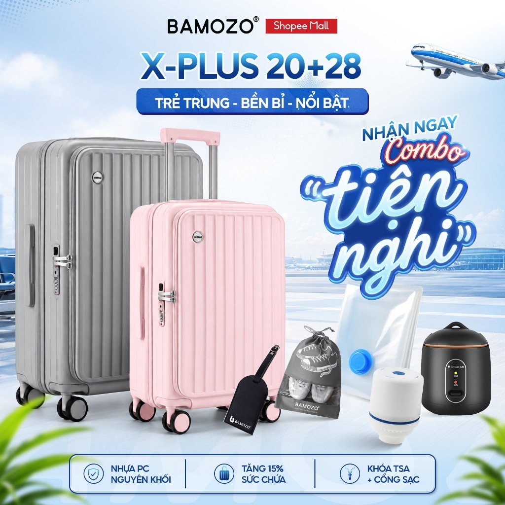 Combo 2 Vali Du Học Size 20+28 Bảo Mật An Tâm | Bamozo Xplus Ravo Lumi | Vali Nhựa Cao Cấp_CBVL-DH20