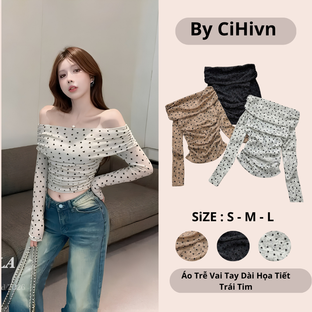CiHivn - Áo Trễ Vai Tay Dài Ôm Body Nhún Eo Họa Tiết Trái Tim Phong Cách Hàn Quốc Tôn Dáng 3 Màu