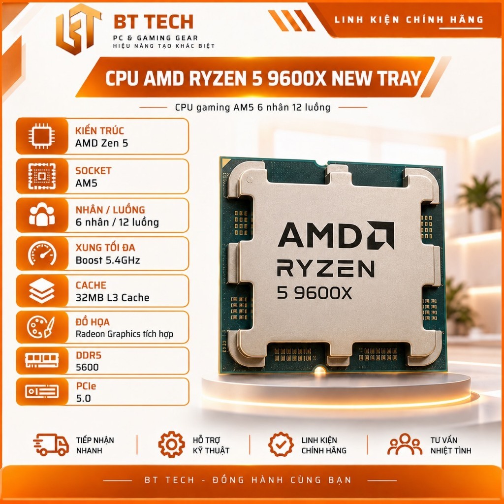CPU AMD Ryzen 5 9600X Tray 6 Nhân 12 Luồng 5.4GHz AM5 - Bảo Hành 36 Tháng