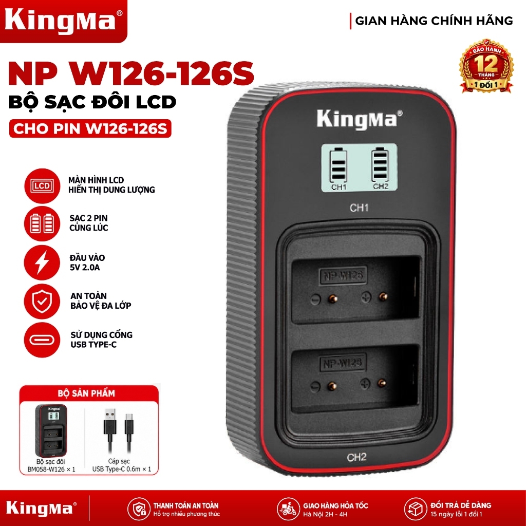 Sạc Đôi KingMa NP-W126 NP-W126S BM058-W126 LCD Type-C Cho Máy Ảnh Fujifilm Fuji X-T3 X-T30 X-S10...