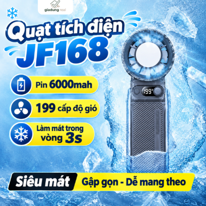 Quạt tích điện mini cầm tay cao cấp JF168, 199 tốc độ gió, dung lượng pin khỏe 6000mah