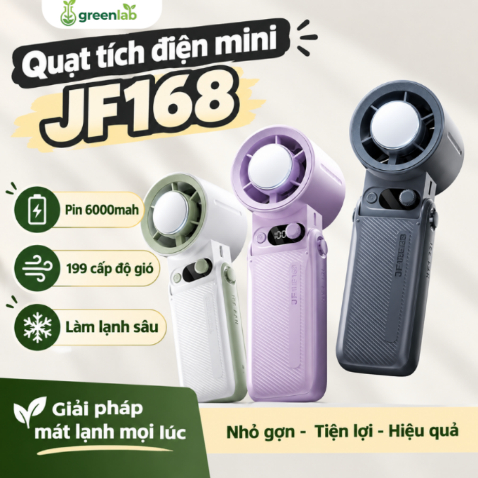 Quạt tích điện cao cấp mini JF168, làm lạnh sâu với 199 tốc độ gió, dung lượng pin 6000mah