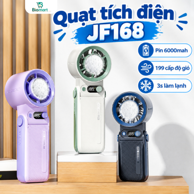 Quạt tích điện mini cao cấp cầm tay JF168, quạt tích điện siêu mát 199 tốc độ gió, pin 6000mah