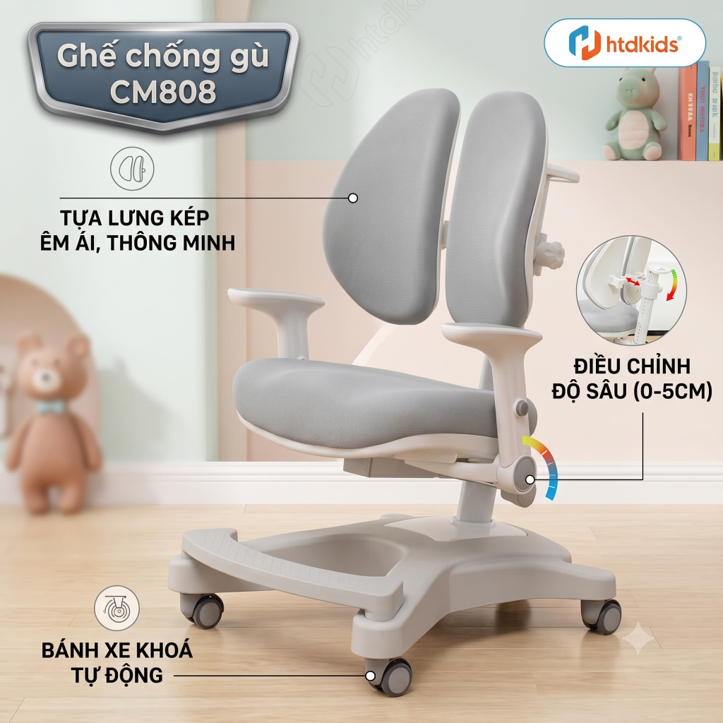 Ghế Chống Gù HTDkids CM808 Tựa Đôi 3D Chỉnh Độ Sâu Khóa Trọng Lực Cho Bé Tiểu Học