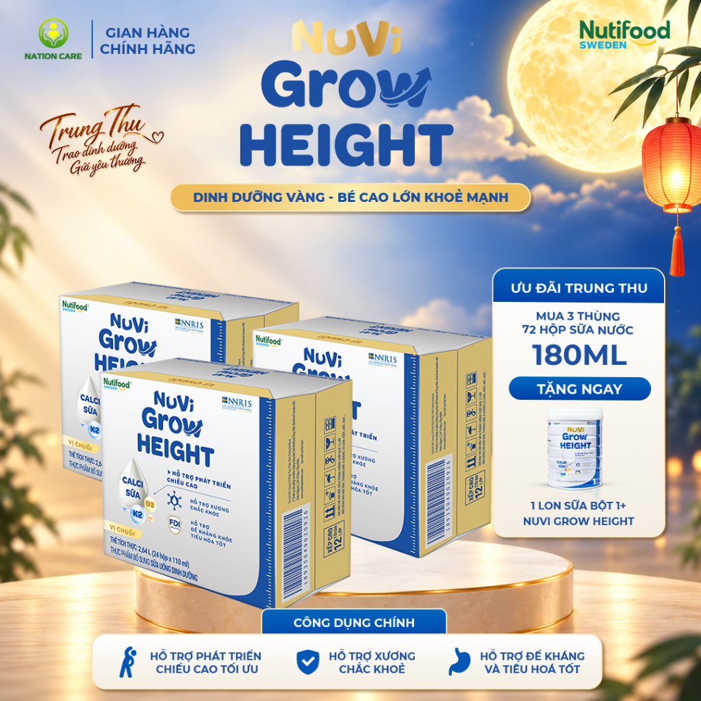 Sữa Nước Nuvi Grow Height ( 3 Thùng 180ml Tặng 1 Lon 1+ 800G ) - Hỗ Trợ Phát Triển Chiều Cao