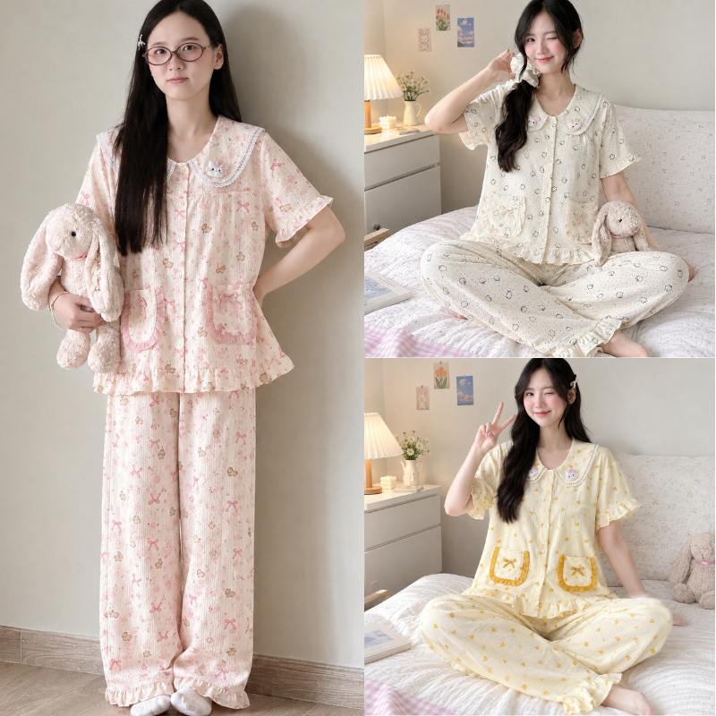 Bộ Đồ Ngủ Nữ Sammy Pijama Chất Đũi Vân Mây Hàn Siêu Xinh Cổ Đan Viền Ren Đính Gấu Dễ Thương TS01
