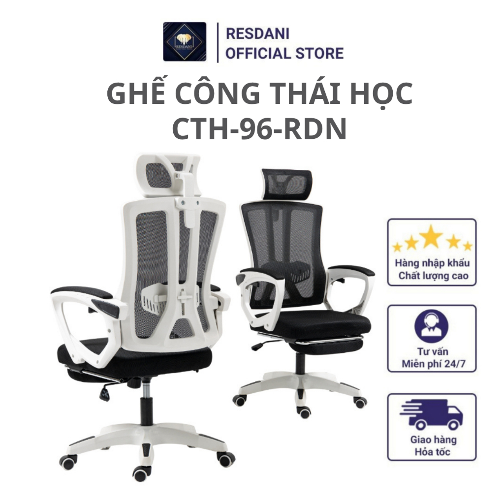 Ghế Xoay Công Thái Học CTH-96 RESDANI,Hỗ Trợ Cột Sống,Thiết Kế Cứng Cáp,Tựa Đầu 3D,Ngả Lưng 125 độ,Có Gác Chân Tiện Lợi