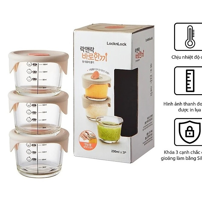 Hộp đựng thức ăn cho bé LocknLock có vạch chia 230ml x 3 hộp LLG508S3