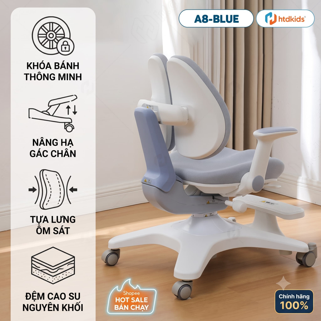Ghế Học Sinh Chống Gù HTDkids A8 Q7 Cảm Ứng Trọng Lực, Ghế Công Thái Học Cao Cấp Cho Bé