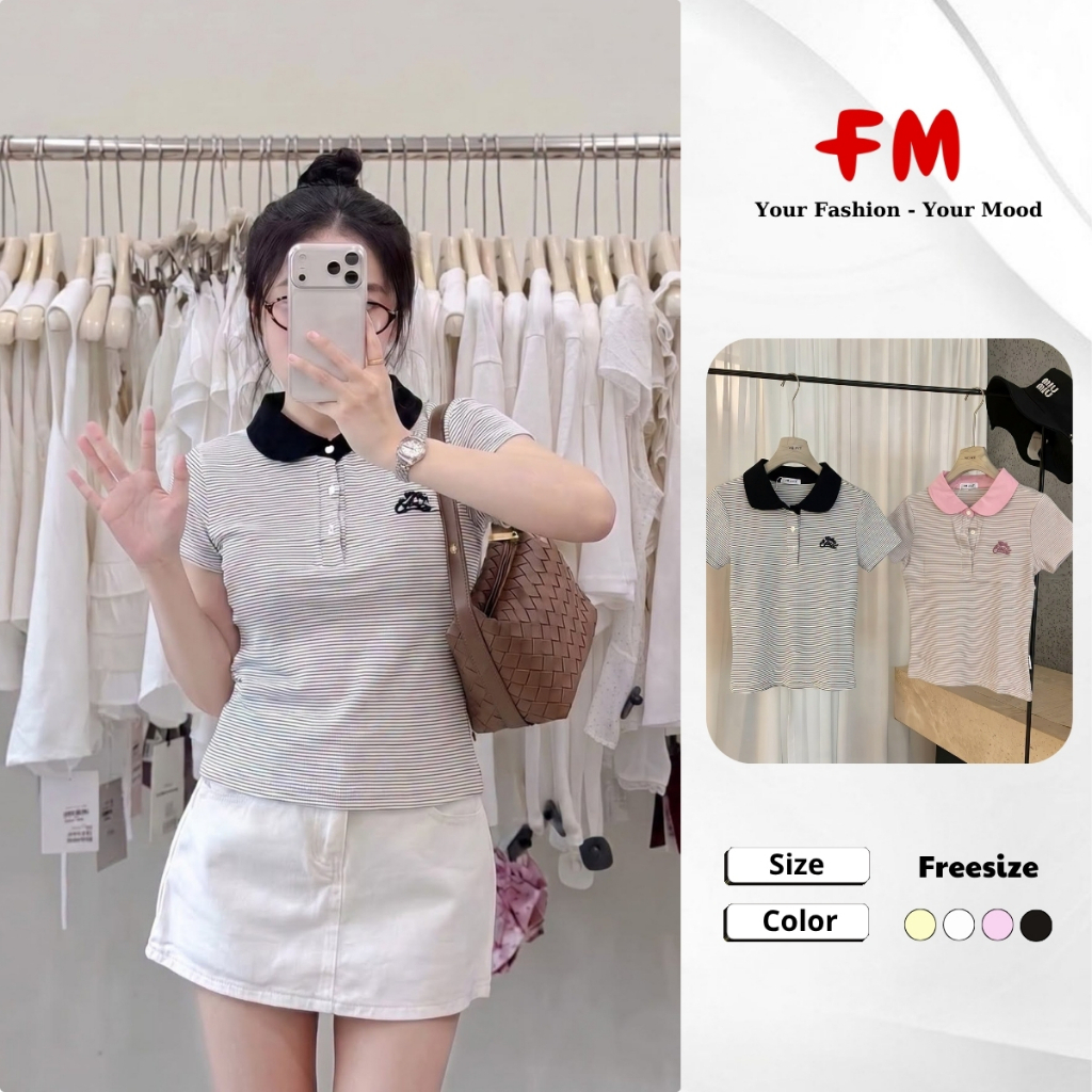 Áo Polo Nữ Kẻ Sọc Phối Cổ Basic Phong Cách Trẻ Trung Rase Soul 26080329