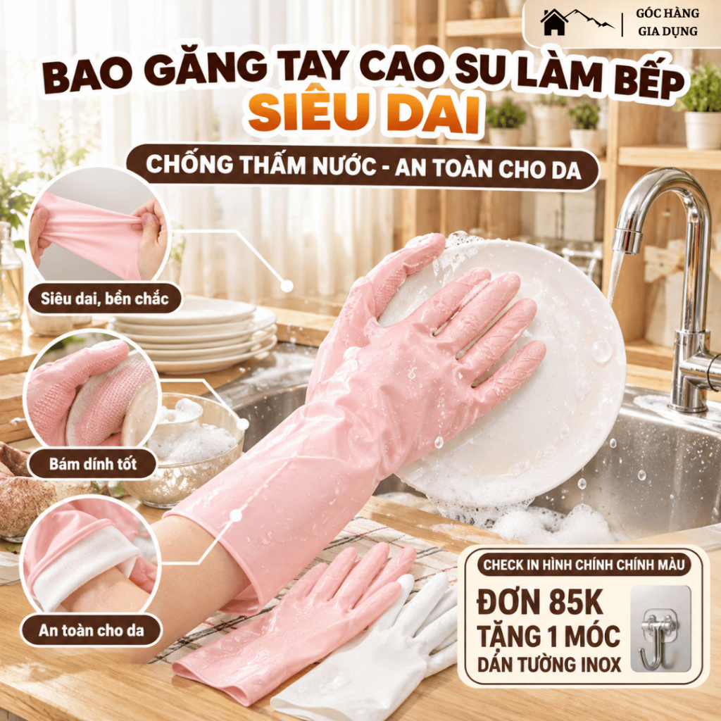 [Đơn 99k Nhận Quà] Bao găng tay cao su siêu dai làm bếp rửa chén bát bám dính tốt chống thấm nước an toàn cho da