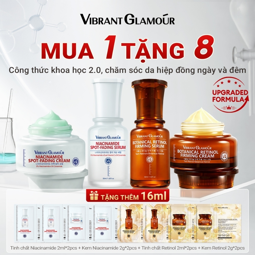 VIBRANT GLAMOUR Bộ 4 Sáng/Đêm 2.0 | Niacinamide Sáng Trắng Da Mờ Thâm + Retinol Tối Phục Hồi Chống Lão Hóa