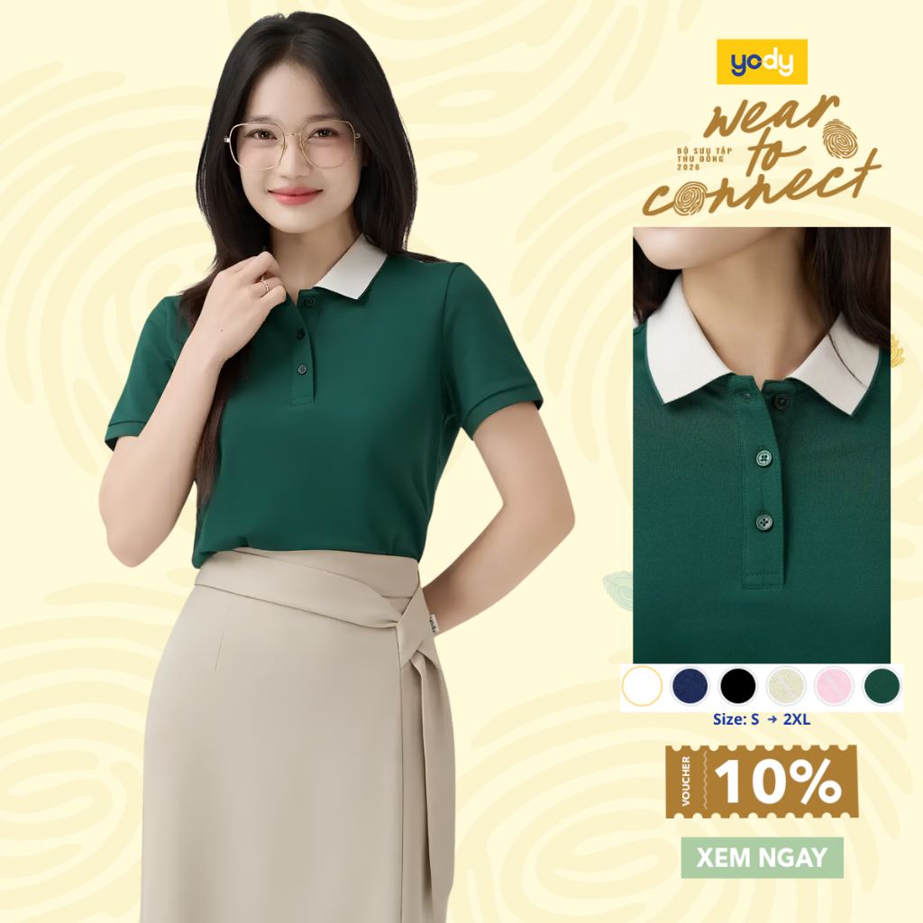 Áo Polo Nữ YODY Ngắn Tay Mắt Chim Cổ Phối Bo Co Giãn Thông Thoáng WCPO26A052