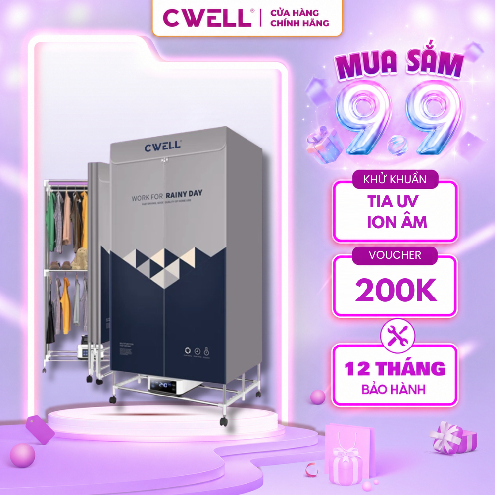 Tủ sấy quần áo CWELL D23, máy sấy quần áo gấp gọn 1.7M, công suất 2000W, sấy nhanh, khử khuẩn ION