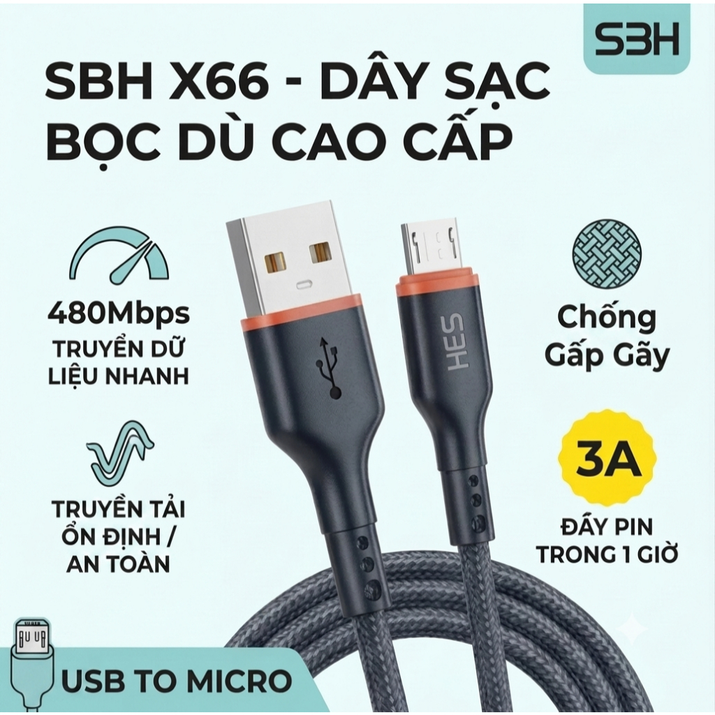 (X66-Micro) Dây Cáp Sạc Nhanh SBH X66 Chân Sạc USB Micro 3A Chống Rối Bọc Dù Siêu Bền Dài 1m