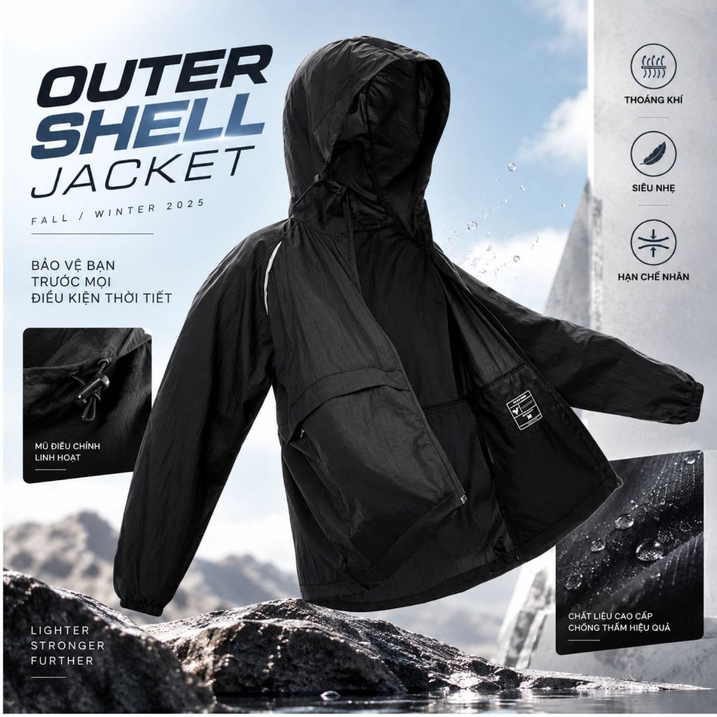 Áo Khoác Gió 1 lớp Nam OUTER SHELL JACKET TORANO Công Nghệ Cao Cấp Smart Tech, Chống Thấm, Cản Gió, Giữ ấm GWCW907