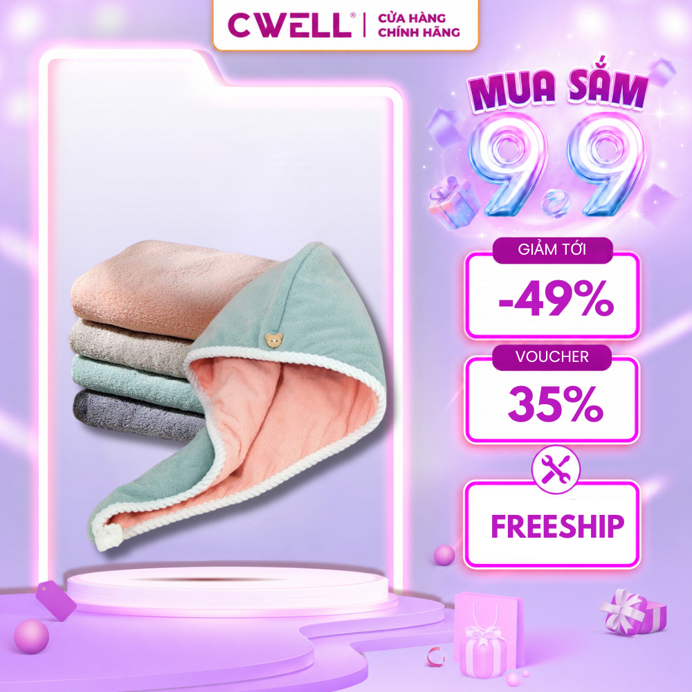 Khăn quấn tóc ủ tóc nhanh khô CWELL, lông cừu san hô siêu mềm, siêu thấm, siêu dày 25x65cm C03PK