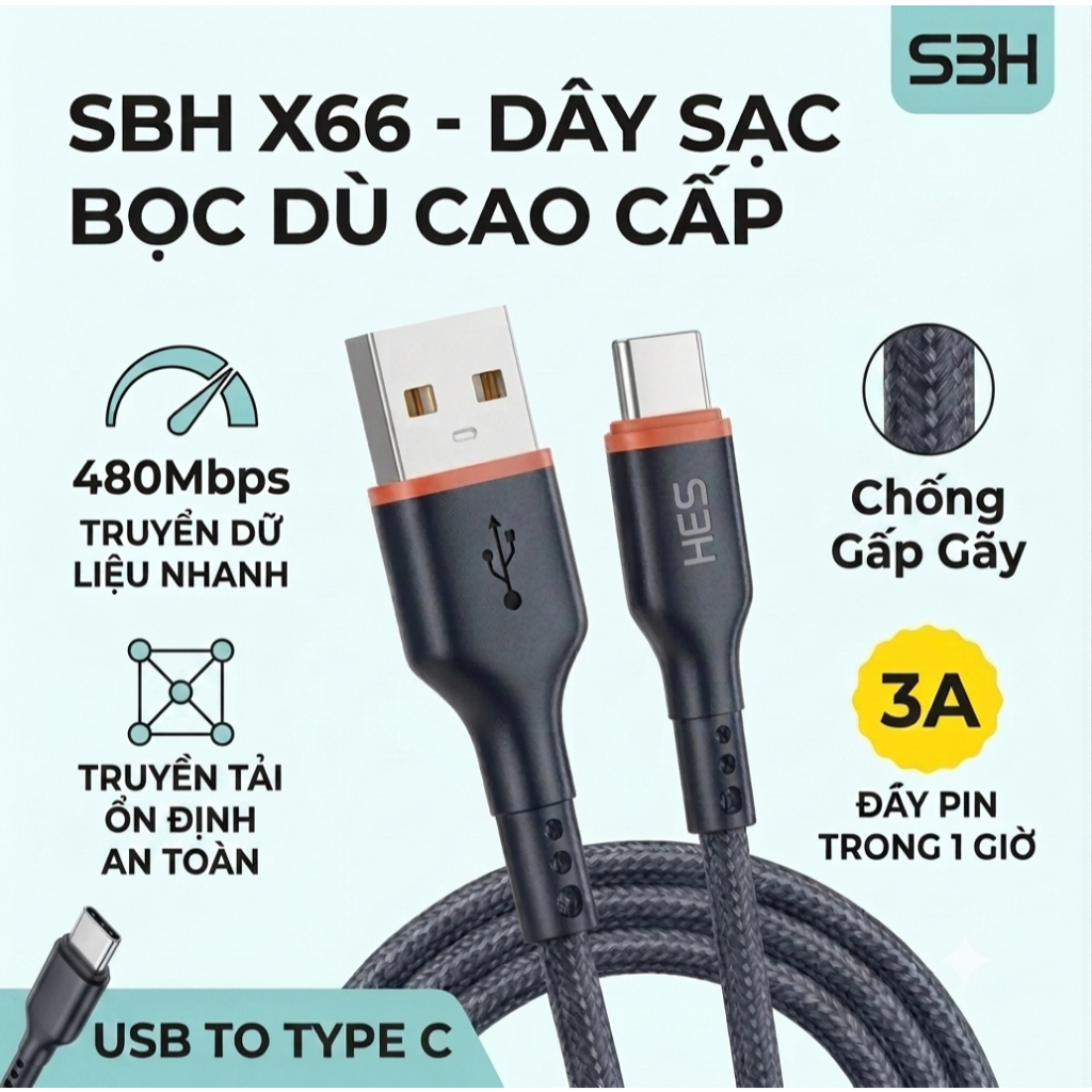 (X66-TypeC) Dây Cáp Sạc Nhanh SBH X66 Chân Sạc TypeC 3A Chống Rối Bọc Dù Siêu Bền Dài 1m