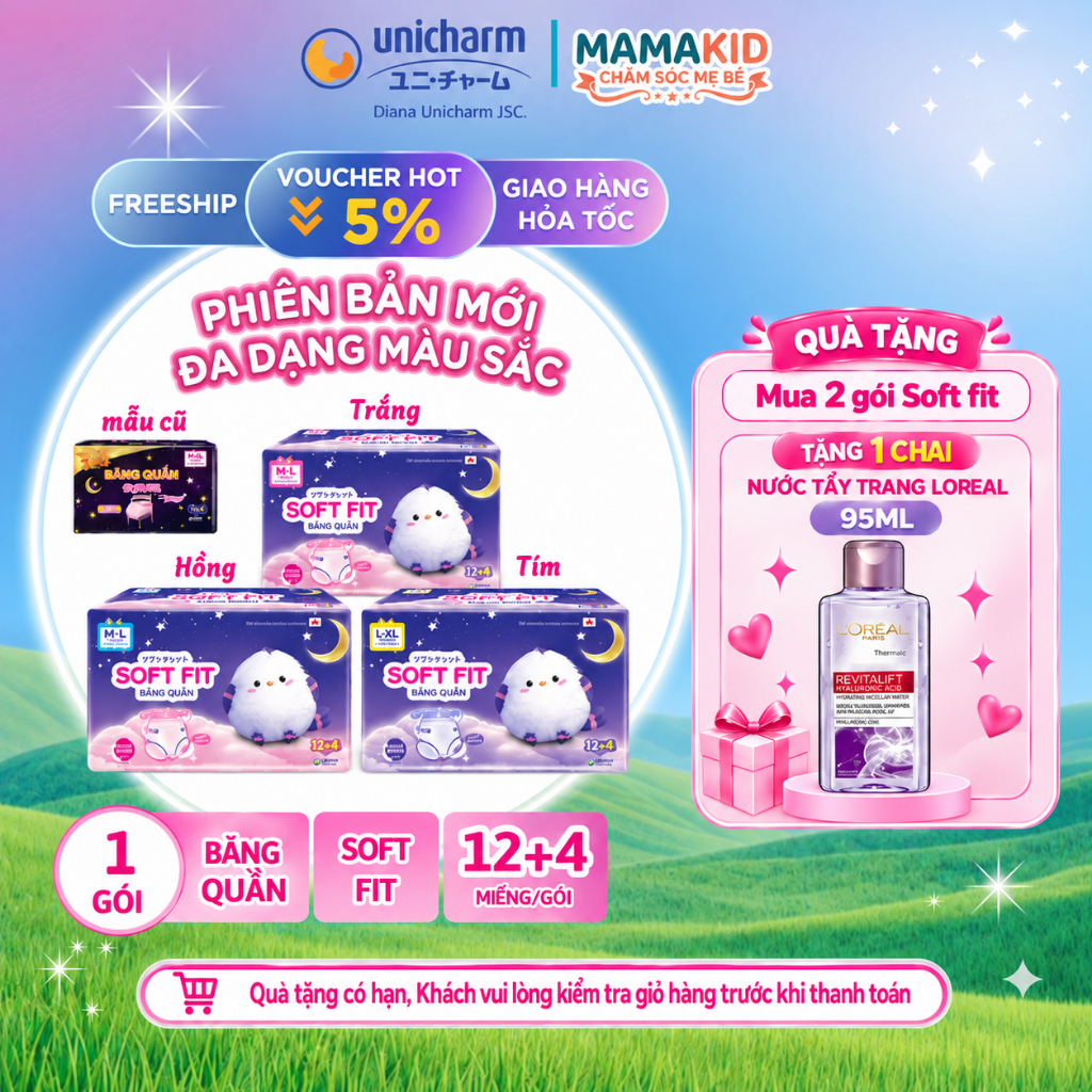 [TẶNG NƯỚC TẨY TRANG LOREAL] Băng Quần Diana Soft Fit Phiên Bản Mới - Đa Dạng Màu Sắc, Ngủ Ngon Xuyên Đêm Gói 12+4 Miếng
