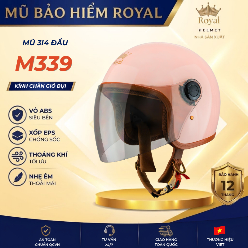 Mũ bảo hiểm form 3/4 Royal M339 chính hãng có kính dài che hết mặt chắn bụi chống uv, nón bảo hiểm đ